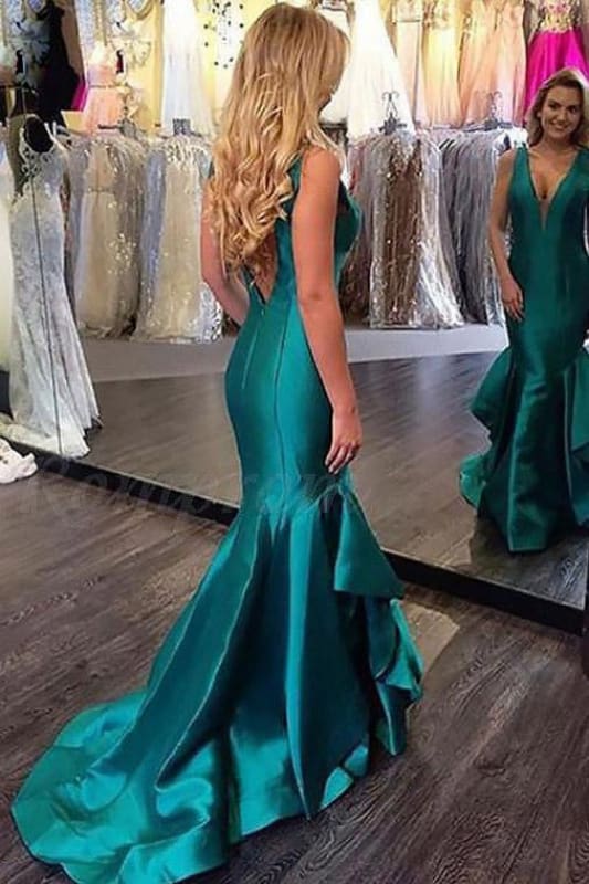 Mermaid Sleeveless V-Neck Satin Prom Dresses Long With Layers