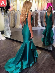 Mermaid Sleeveless V-Neck Satin Prom Dresses Long With Layers