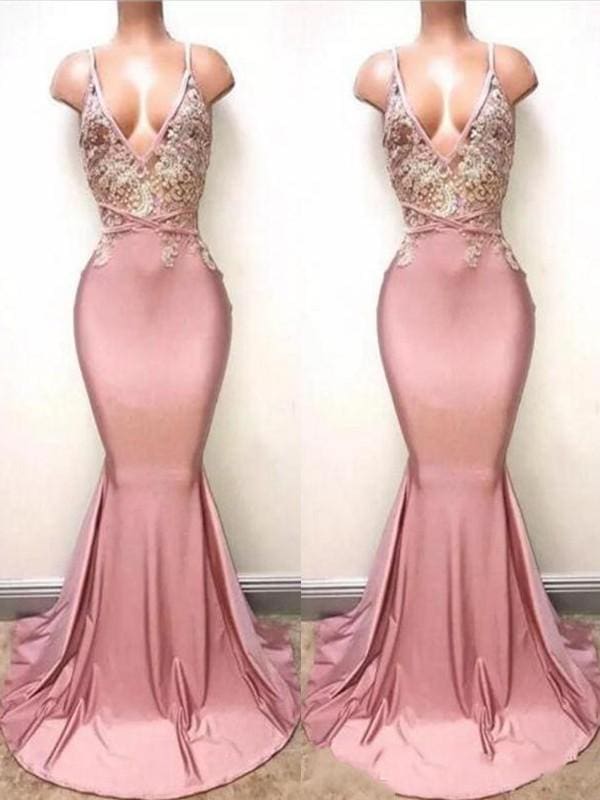 Mermaid Sleeveless V-Neck Sweep/Brush Train Lace Satin Dresses
