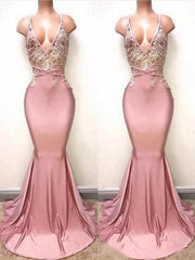 Mermaid Sleeveless V-Neck Sweep/Brush Train Lace Satin Dresses