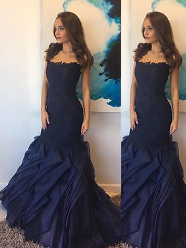 Mermaid Strapless Taffeta With Lace Sleeveless Floor-Length Dresses