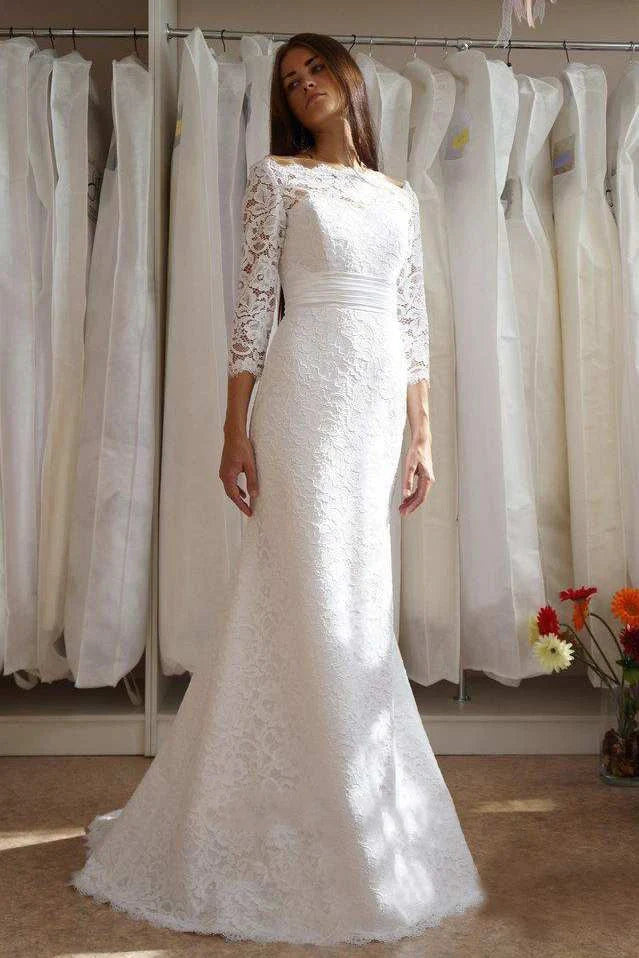 Mermaid Trumpet Long Sleeve Satin Lace Wedding Dress