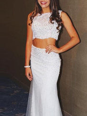 Mermaid Tulle Scoop Sleeveless Floor-Length With Beading Dresses