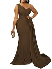Mermaid / Trumpet Party Dresses Elegant Dress Wedding Guest Semi Formal Sweep / Brush Train Sleeveless One Shoulder Spandex with Ruched Slit