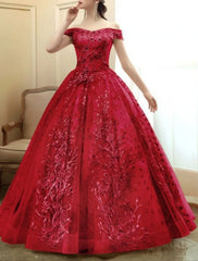 A-Line Prom Dresses Elegant Dress Formal Floor Length Short Sleeve Off Shoulder Tulle with Pearls Sequin Embroidery