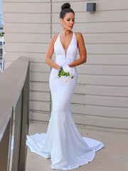 Aimishang  Sheath/Column Stretch Crepe V-neck Ruched Sleeveless Sweep/Brush Train Wedding Dresses