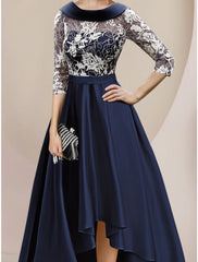 Aimishang  A-Line Mother of the Bride Dress Wedding Guest Elegant Scoop Neck Asymmetrical Ankle Length Satin Lace Half Sleeve with Ruching