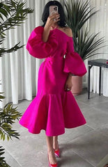 Hot Pink Halter Prom Puff Sleeve Midi Party Dresses Wed Dress Formal Gown