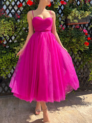 A-Line/Princess Spaghetti Straps Tea-Length Prom Dresses Pure Color