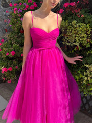 A-Line/Princess Spaghetti Straps Tea-Length Prom Dresses Pure Color
