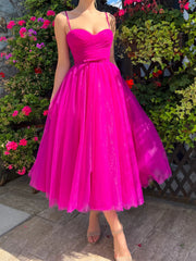 A-Line/Princess Spaghetti Straps Tea-Length Prom Dresses Pure Color