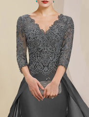 Aimishang  Sheath / Column Mother of the Bride Dress Formal Wedding Guest Elegant V Neck Floor Length Chiffon Lace 3/4 Length Sleeve with Appliques
