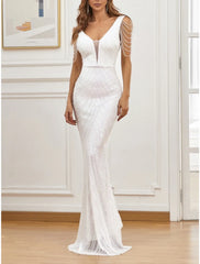 Mermaid / Trumpet Evening Gown Sparkle & Shine Dress Formal Wedding Guest Sweep / Brush Train Sleeveless V Neck Sequined with Glitter