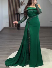 Sheath / Column Glitter Evening Gown Elegant Dress Formal Prom Floor Length Long Sleeve Off Shoulder Stretch Fabric with Ruched Sequin