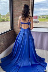 Sweet V Neck Royal Blue Satin  A Line Long Prom Dresses with Beading