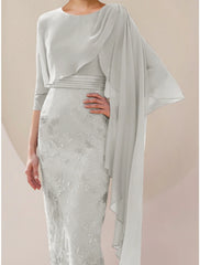 Aimishang  A-Line Mother of the Bride Dress Wedding Guest Elegant Petite Jewel Neck Tea Length Chiffon Lace Half Sleeve with Ruching Solid Color