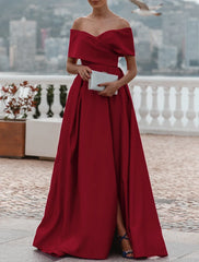 A-Line Evening Gown Party Dress Celebrity Style Dress Formal Wedding Court Train Sleeveless Off Shoulder Bridesmaid Dress Satin with Ruched Slit