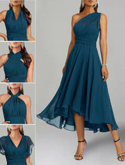 Aimishang A-Line Blue Wedding Guest Dresses Convertible Infinity Mother Dress Formal Tea Length Sleeveless One Shoulder Chiffon with Ruched