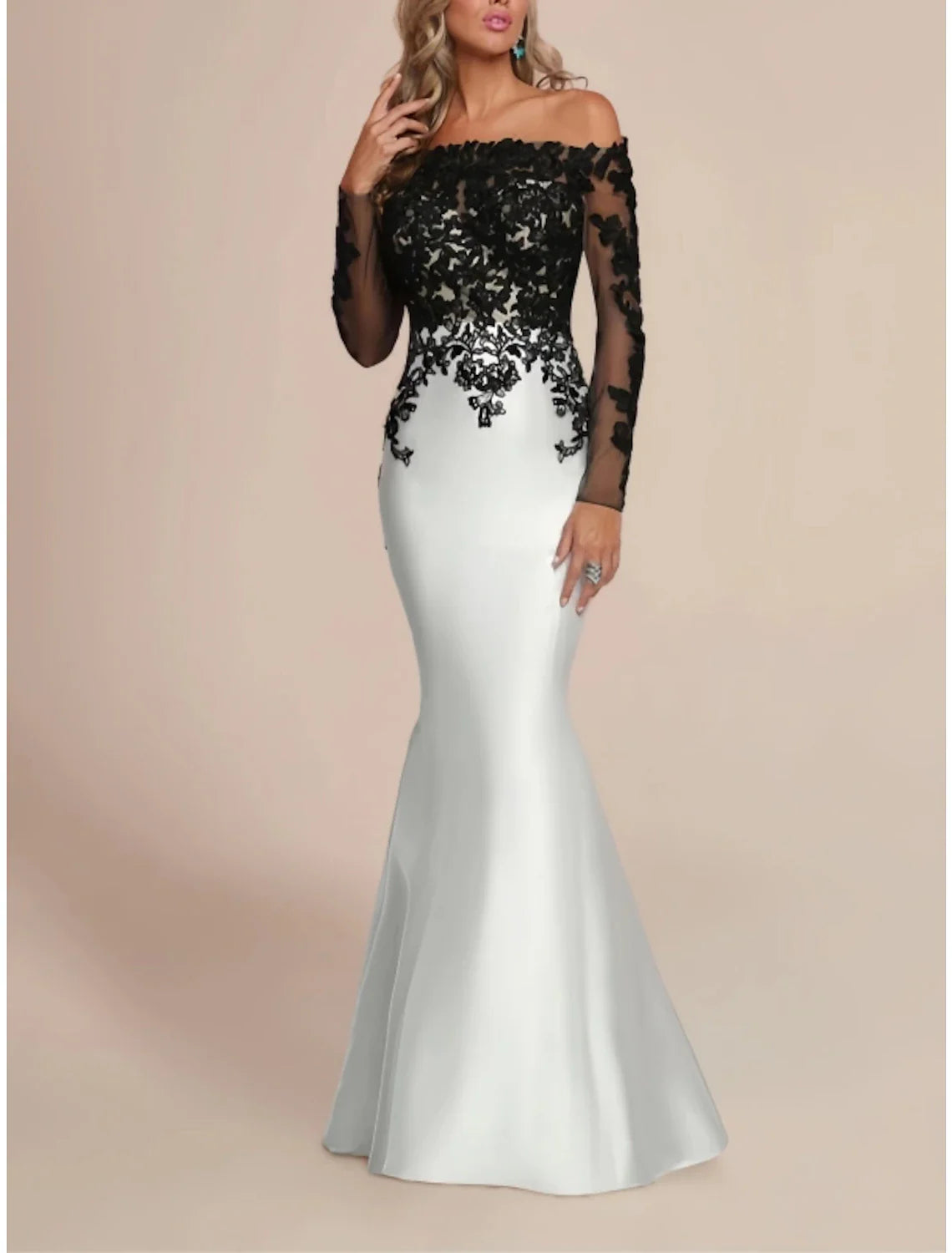 Mermaid / Trumpet Evening Gown Elegant Dress Formal Wedding Guest Floor Length Long Sleeve Off Shoulder Satin with Pleats Appliques