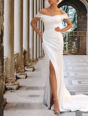 Aimishang Hall Casual Wedding Dresses Sheath / Column Off Shoulder Cap Sleeve Court Train Satin Bridal Gowns With Split Front Side-Draped
