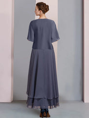 Two Piece A-Line Mother of the Bride Dress Formal Wedding Guest Elegant Scoop Neck Asymmetrical Tea Length Chiffon Lace Short Sleeve Wrap Included with Beading Appliques