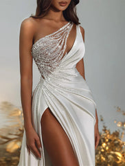 Mermaid / Trumpet Evening Gown Party Dress Formal Wedding Party Chapel Train Sleeveless One Shoulder Satin with Ruched Slit