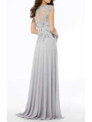 Aimishang A-Line Mother of the Bride Dress Elegant Jewel Neck Floor Length Chiffon Tulle Short Sleeve with Embroidery Appliques