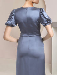 Aimishang A-Line Mother of the Bride Dress Formal Wedding Guest Party Elegant V Neck Sweep / Brush Train Satin Short Sleeve with Cascading Ruffles