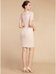 Aimishang  Two Piece A-Line Mother of the Bride Dress Wedding Guest Elegant Petite Jewel Neck Short / Mini Lace Stretch Fabric 3/4 Length Sleeve with Bow(s) Ruffles Solid Color