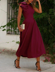A-Line Cocktail Dresses Minimalist Dress Homecoming Wedding Guest Ankle Length Sleeveless Jewel Neck Fall Wedding Guest  Fabric with Ruffles Pure Color