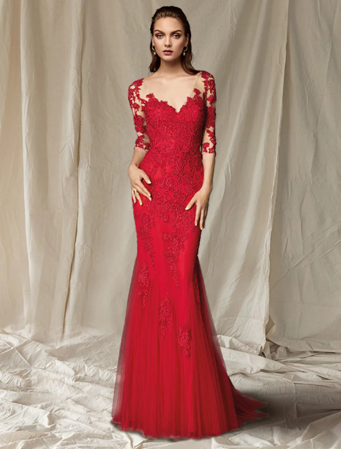 Aimishang  Mermaid / Trumpet Mother of the Bride Dress Luxurious Elegant V Neck Sweep / Brush Train Lace Tulle Half Sleeve with Pleats Appliques
