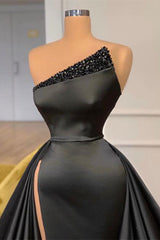 Modern Black Strapless Crystal Soft Satin Prom Dress