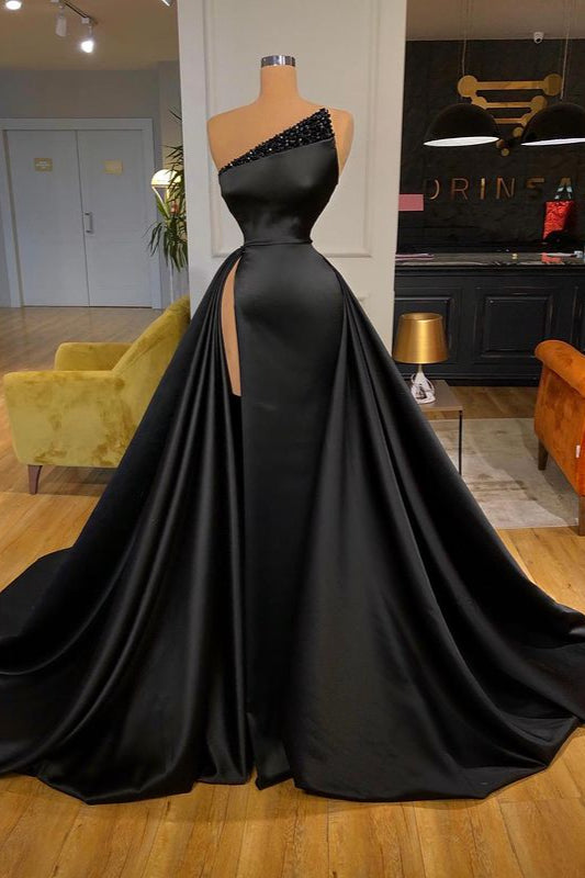 Modern Black Strapless Crystal Soft Satin Prom Dress