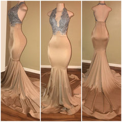Modern Champagne Appliques Mermaid Halter Backless Prom Dress