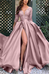 Modern Half Sleeves Satin Long Evening Dress with Slit and Lace