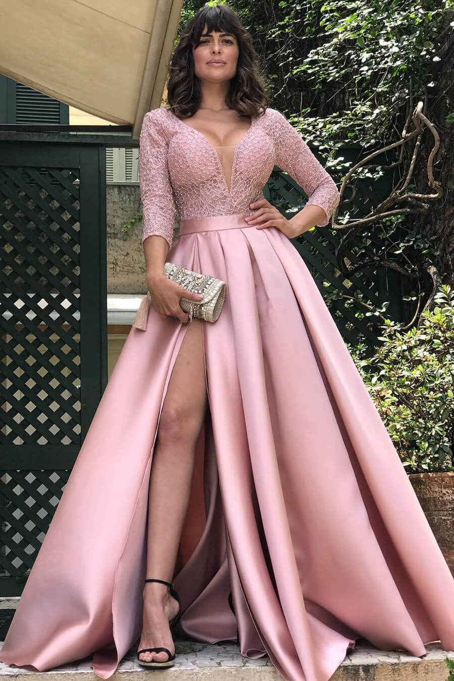 Modern Half Sleeves Satin Long Evening Dress with Slit and Lace
