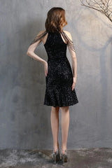 Modern Halter Mermaid Short Evening Dress Tassels Sequins Party Gowns