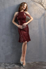 Modern Halter Mermaid Short Evening Dress Tassels Sequins Party Gowns
