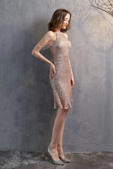 Modern Halter Mermaid Short Evening Dress Tassels Sequins Party Gowns