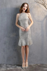 Modern Halter Mermaid Short Evening Dress Tassels Sequins Party Gowns