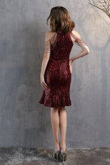 Modern Halter Mermaid Short Evening Dress Tassels Sequins Party Gowns