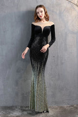 Modern Long Sleeves Illussion Neck Evening Dress Mermaid Sequins Long