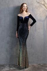 Modern Long Sleeves Illussion Neck Evening Dress Mermaid Sequins Long