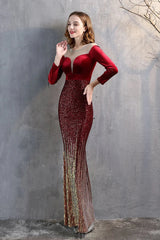 Modern Long Sleeves Illussion Neck Evening Dress Mermaid Sequins Long