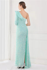 Modern Long Sleeves Sequins Evening Dress One Shoulder Mermaid With Split