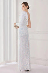 Modern Long Sleeves Sequins Evening Dress One Shoulder Mermaid With Split