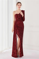 Modern Long Sleeves Sequins Evening Dress One Shoulder Mermaid With Split