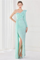 Modern Long Sleeves Sequins Evening Dress One Shoulder Mermaid With Split