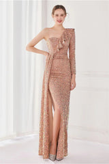 Modern Long Sleeves Sequins Evening Dress One Shoulder Mermaid With Split