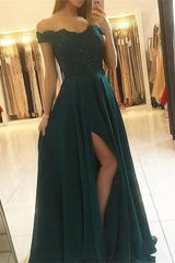Modern Off-the-Shoulder Dark Green Long Evening Dress Split With Appliques
